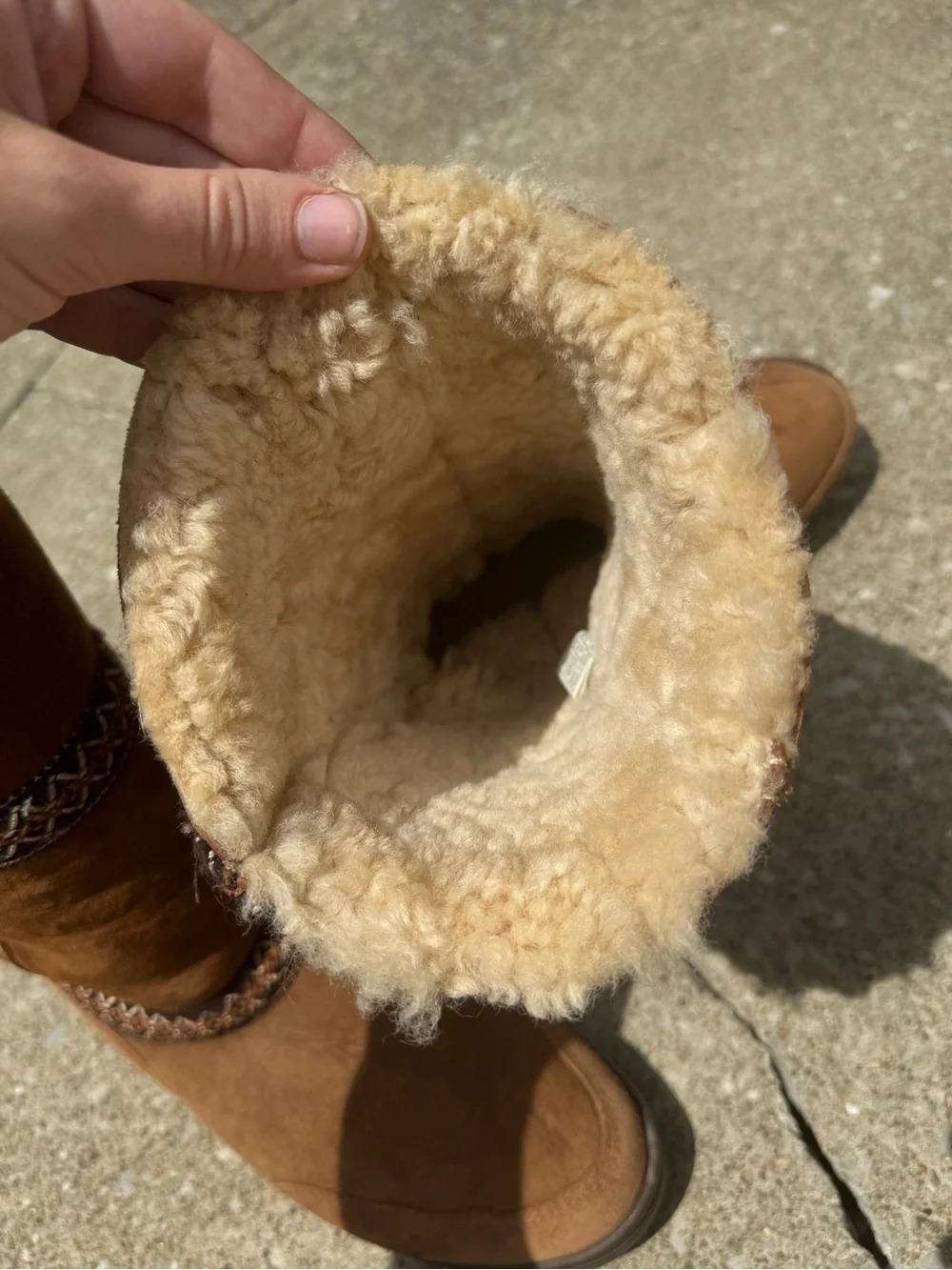 UGG Sunburst Tall Sheepskin Suede Boots Size 10 Chestnut Embroidered Braid EUC